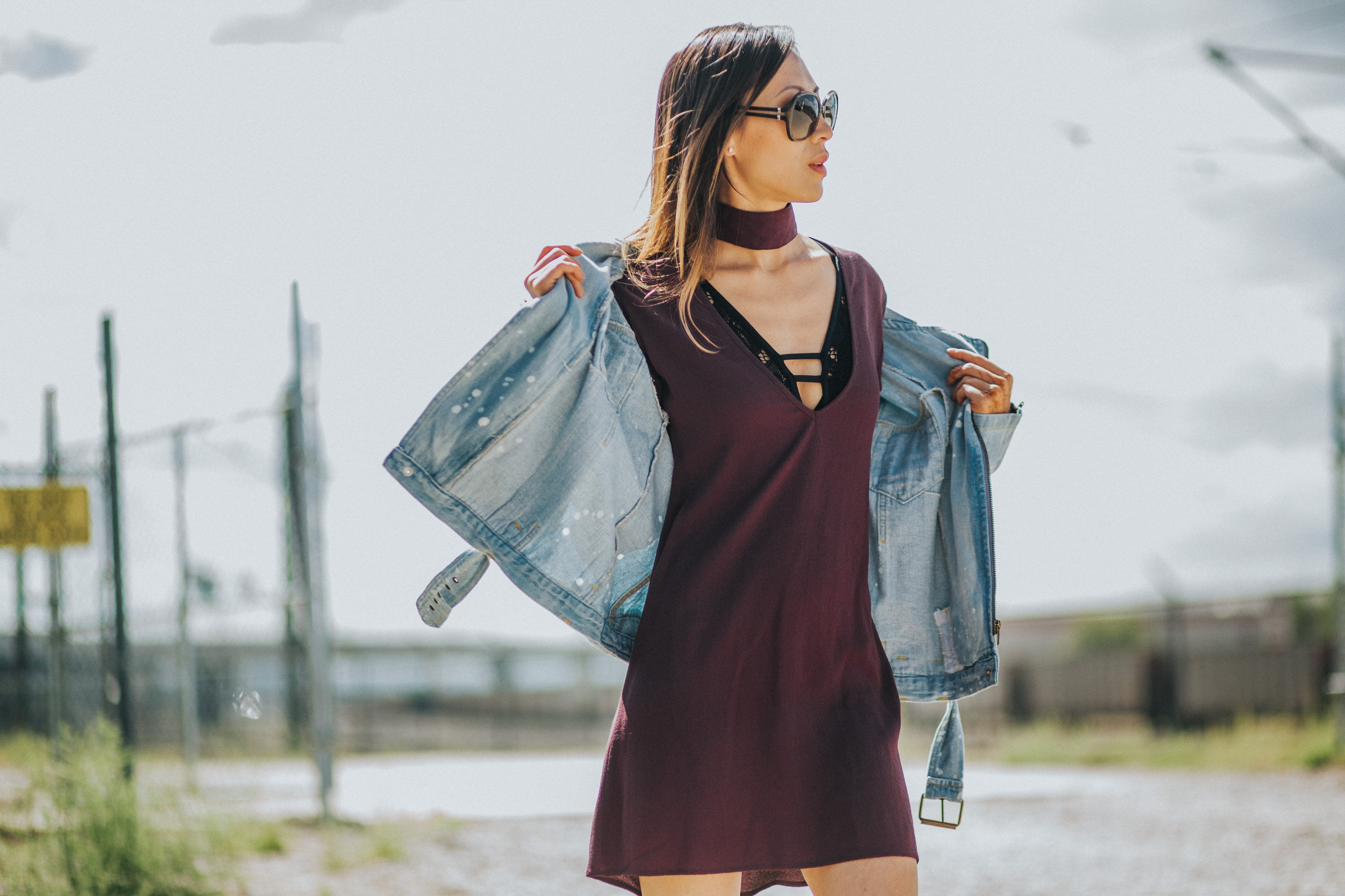 Burgundy choker dress + denim jacket = fall favorites | chicibiki