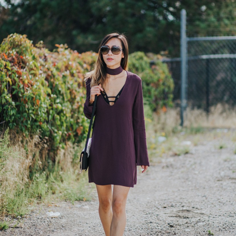 Burgundy choker dress + denim jacket = fall favorites | chicibiki